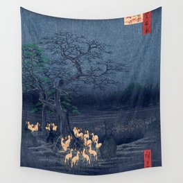 Foxes at Night Shrine Vintage Ukiyo-e Japanese Art Wall Tapestry