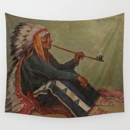 Full portrait of Chief Flat Iron smoking peace pipe Sioux First Nations American Indian portrait painting by Joseph Henry Sharp Wall Tapestry
