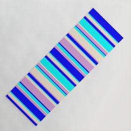 [ Thumbnail: Aqua, Beige, Plum & Blue Colored Lined Pattern Yoga Mat ]