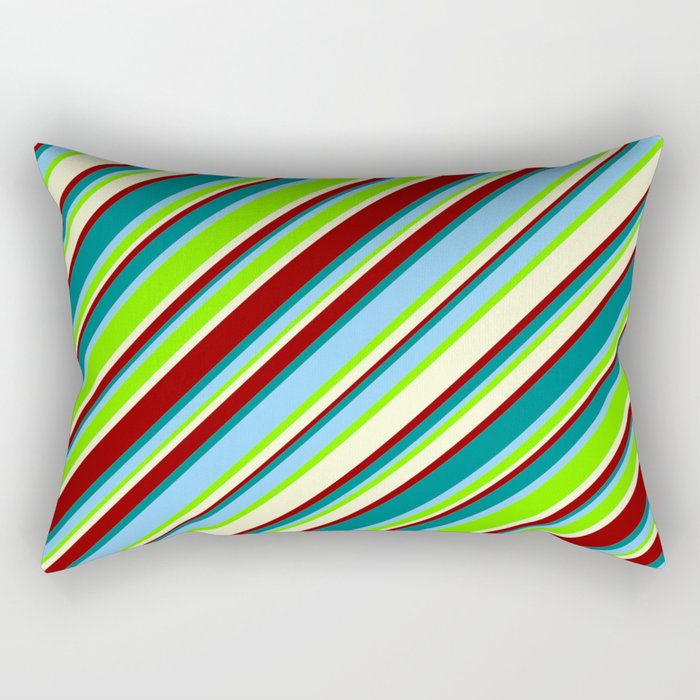 Light Sky Blue, Green, Light Yellow, Dark Red, and Teal Colored Lined/Striped Pattern Rectangular Pillow