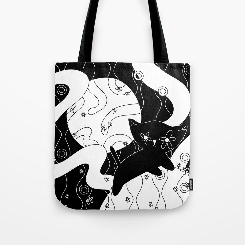 Stray Under A Moon Black White Cat Moonlit Dream Meadow Tote Bag