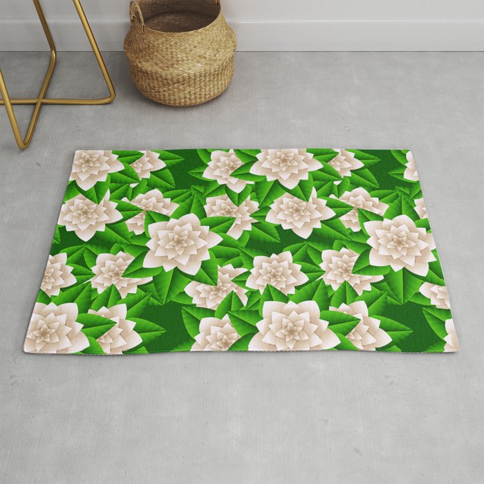 White Camellias and Green Leaves Rug