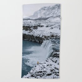 Waterfall in Icelandic highlands during winter with mountain - Landscape Photography Beach Towel