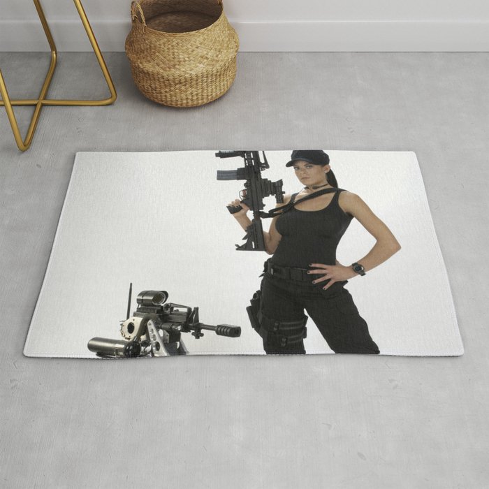 Swat Chick- Girl with SWAT Gear, Military Gun and Tactical Robot Rug