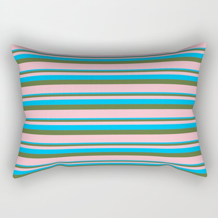 Deep Sky Blue, Dark Olive Green & Pink Colored Lined/Striped Pattern Rectangular Pillow
