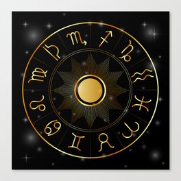 Zodiac astrology circle Golden astrological signs with moon sun and stars  Canvas Print