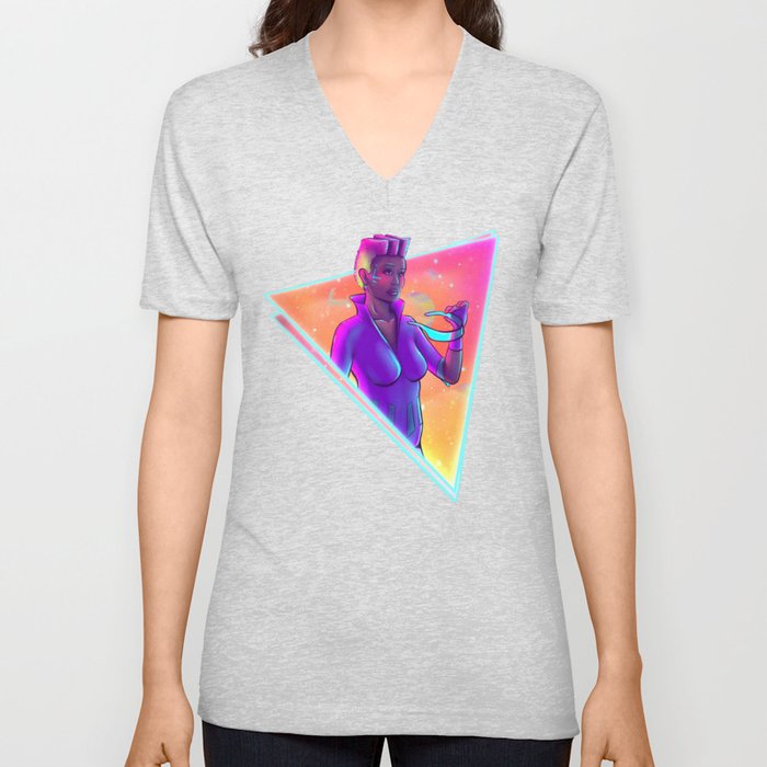 Space Girl Synthwave Cyberpunk Retro Futuristic Party Art V Neck T Shirt
