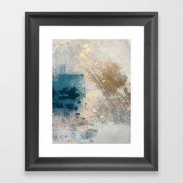 Embrace: a minimal, abstract mixed-media piece in blues and gold with a hint of pink Framed Art Print