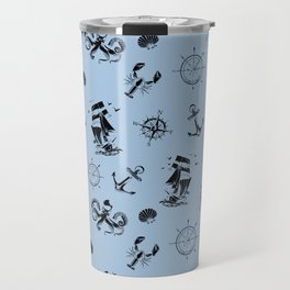 Pale Blue And Black Silhouettes Of Vintage Nautical Pattern Travel Mug