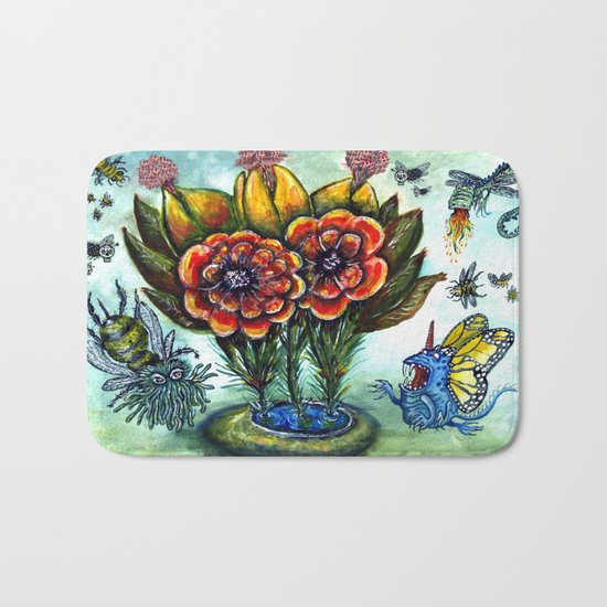 Surreal watercolor flowers and bugs Bath Mat