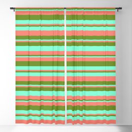 [ Thumbnail: Salmon, Green & Aquamarine Colored Stripes/Lines Pattern Blackout Curtain ]