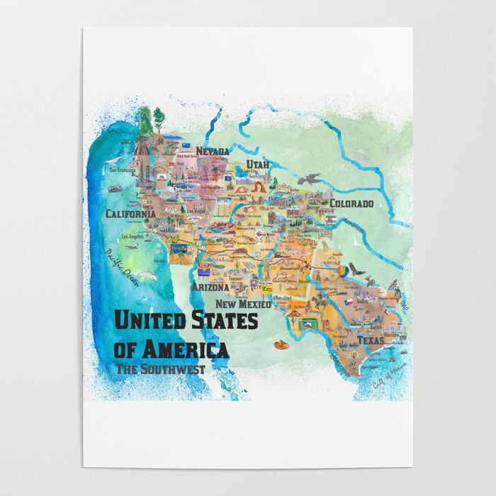 USA Southwest States Travel Poster Map - CA, AZ, NM, TX, NV, UT, CO Poster