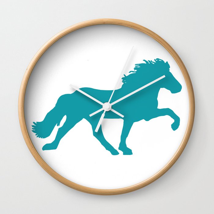 Icelandic horses in action, tolting petrol and white  Wall Clock