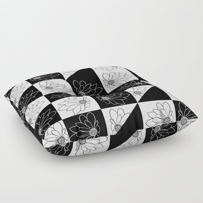 Black & white Flowers and Checkerboard  Floor Pillow