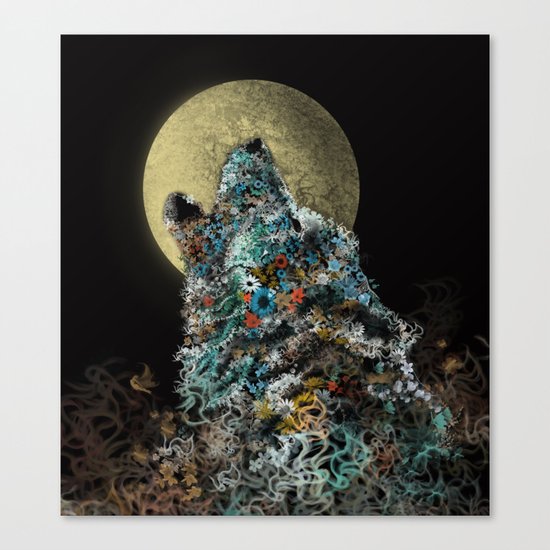 floral animals howling wolf Canvas Print