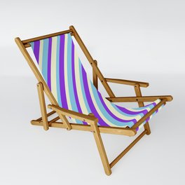 [ Thumbnail: Purple, Light Yellow & Sky Blue Colored Striped Pattern Sling Chair ]