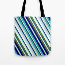 [ Thumbnail: Blue, Light Sea Green, Light Gray, Light Cyan & Dark Olive Green Colored Pattern of Stripes Tote Bag ]