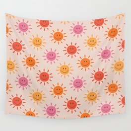 Happy Sun Pattern, Cute Sunshine, Blush, Pink, Colorful Wall Tapestry