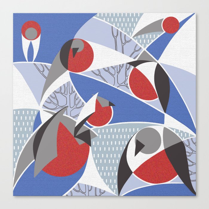 Birds bullfinches in blue, red and grey colors Canvas Print