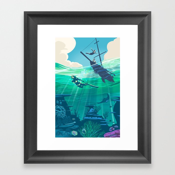 Retro Travel Coral Reef Diver Framed Art Print