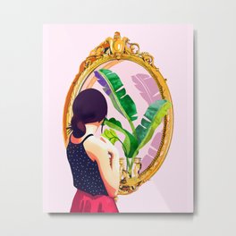 Soul Mirror, Instrospection Mindful Mood Illustration, Tropical Banana Leaves Woman Portrait Gold Metal Print | Mirror, Concept, Royal, Selflove, Fashion, Tropical, Introspection, Beauty, Woman, Bananaleaves 