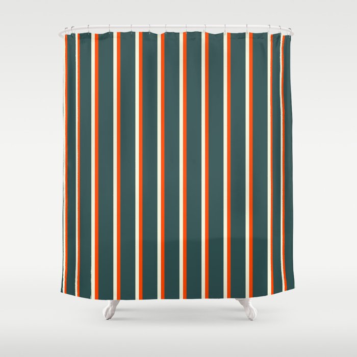 Beige, Red, and Dark Slate Gray Colored Striped Pattern Shower Curtain