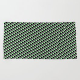 [ Thumbnail: Dim Gray, Light Green & Black Colored Lined/Striped Pattern Beach Towel ]