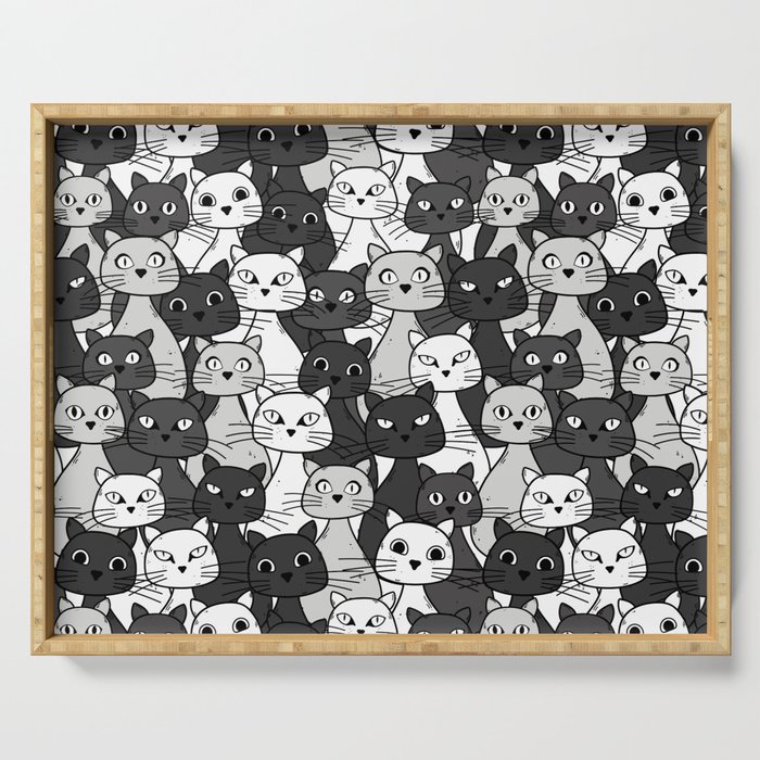 Funny cat faces pattern in grey, black, and white Serving Tray