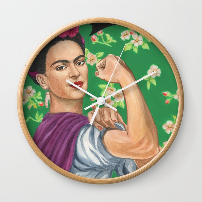 Boho style Frida Kahlo portrait as Rosie the Riveter with inscription Si Podemos Wall Clock