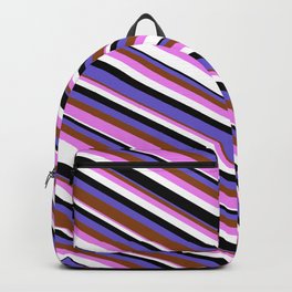 [ Thumbnail: Eye-catching Slate Blue, Brown, Violet, White & Black Colored Pattern of Stripes Backpack ]
