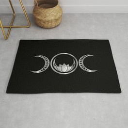 Silver triple moon fertility symbol with moons lotus and vines Area & Throw Rug