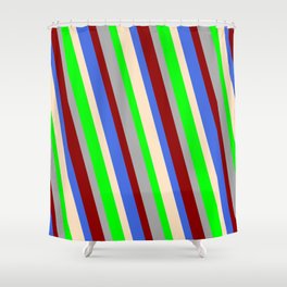 [ Thumbnail: Vibrant Bisque, Lime, Dark Gray, Dark Red, and Royal Blue Colored Stripes Pattern Shower Curtain ]