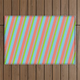 [ Thumbnail: Green, Sky Blue & Salmon Colored Pattern of Stripes Outdoor Rug ]