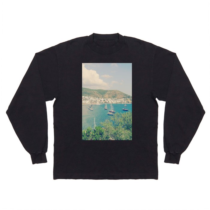 Retro aqua blue sea bay in Bodrum view with sailing boats from St.Peter's Castle Long Sleeve T Shirt