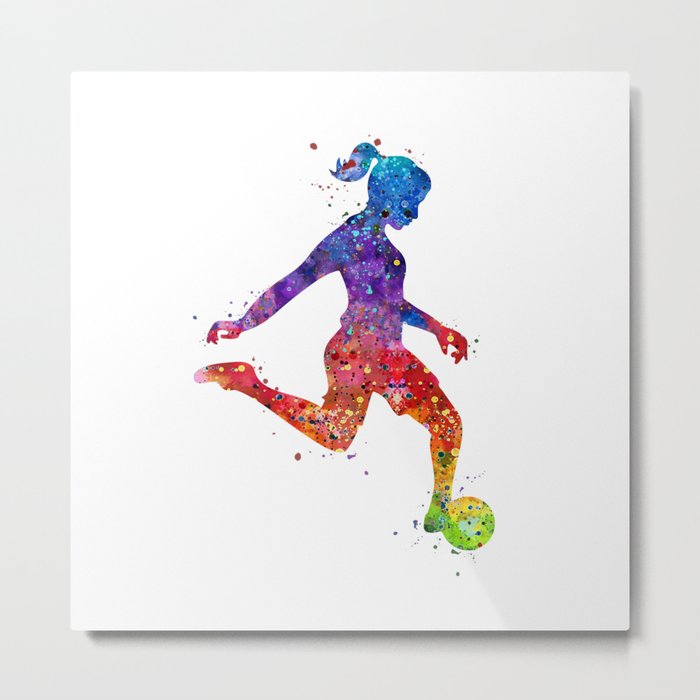 Girl Soccer Player Watercolor Art Colorful Sports Gift Metal Print