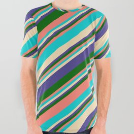 [ Thumbnail: Colorful Salmon, Dark Turquoise, Tan, Dark Slate Blue & Dark Green Colored Lines/Stripes Pattern All Over Graphic Tee ]