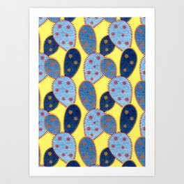 Denim Cactus Patchwork Quilt (Yellow) Art Print | Cottagecore, Embroidery, Faux Texture, Quilt, Denim, Opuntia, Illucalliart, Yellow, Opuntia Microdasys, Vintage 