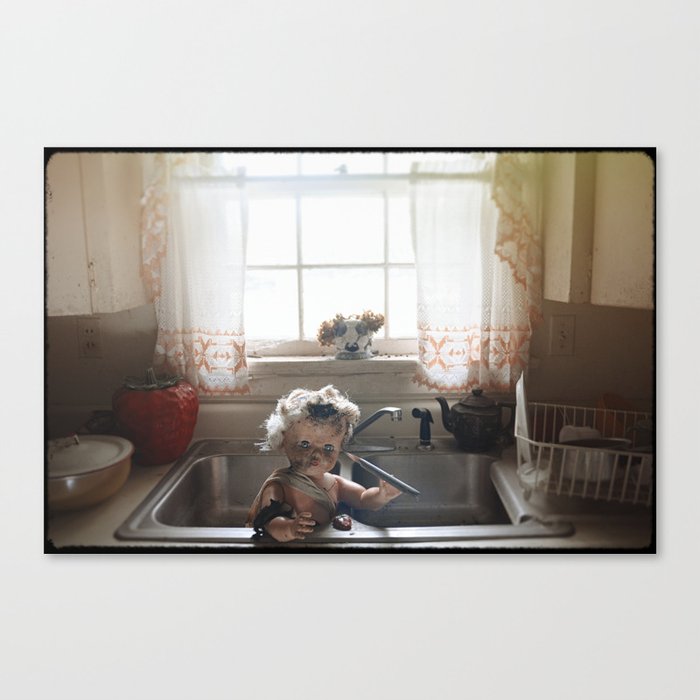 Creepy Doll in Abandoned House Sink with Knife in Back of Head Canvas Print