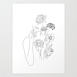 Minimal Line Art Woman with Flowers III Art Print