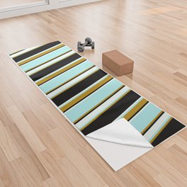 [ Thumbnail: Black, Dark Goldenrod, Turquoise & Mint Cream Colored Lined Pattern Yoga Towel ]