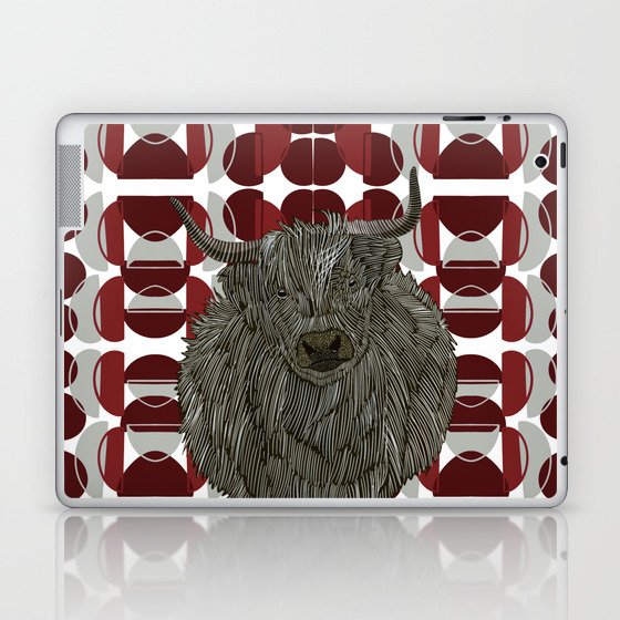 Fluffy Highland Cow on Red Geometric Pattern Laptop & iPad Skin