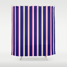 [ Thumbnail: Light Yellow, Midnight Blue, and Hot Pink Colored Lined Pattern Shower Curtain ]