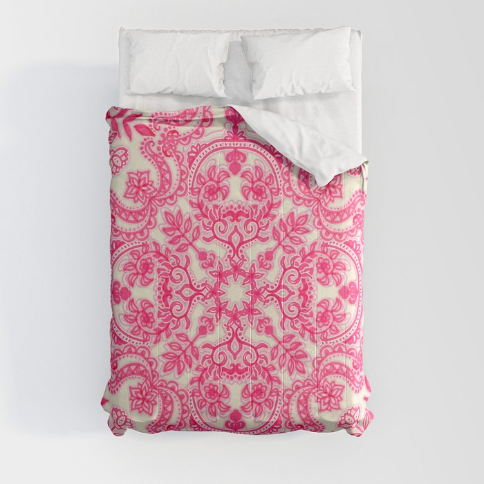 Hot Pink & Soft Cream Folk Art Pattern Comforter