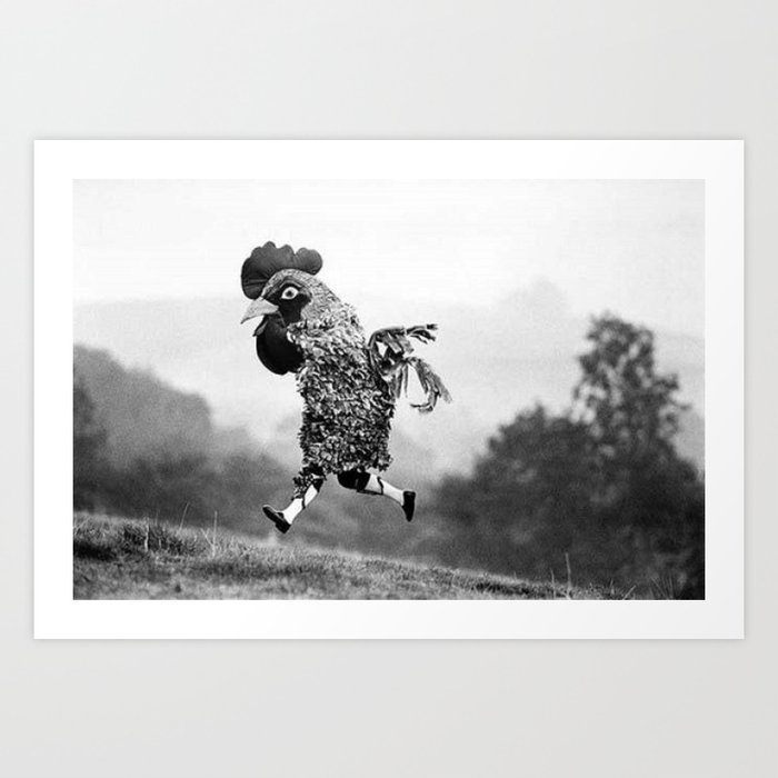 Signs Your Neighbor May Be Spending Too Much Time with his Chickens - black and white photograph Art Print