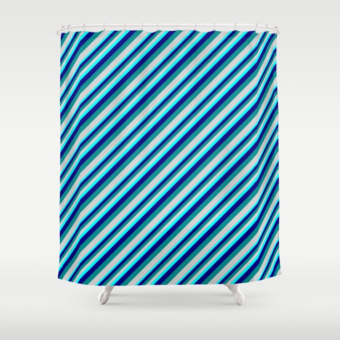 Aqua, Blue, Dark Cyan, and Light Gray Colored Lined/Striped Pattern Shower Curtain