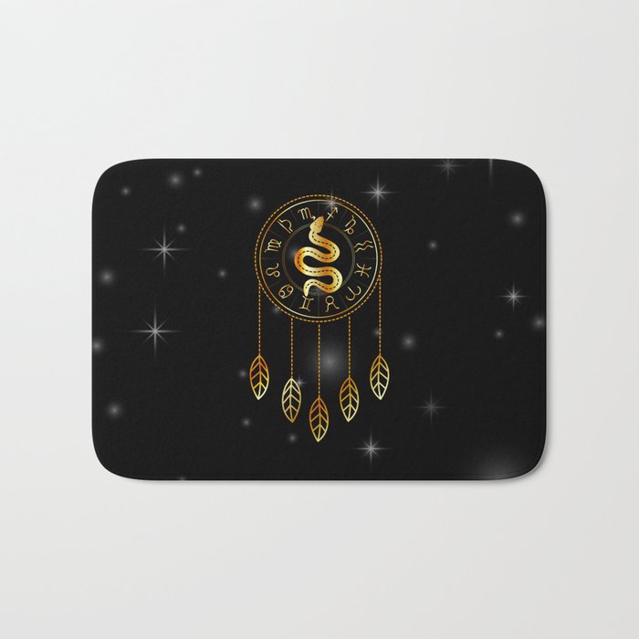 Dreamcatcher Zodiac symbols astrology horoscope signs with mystic snake in gold Bath Mat
