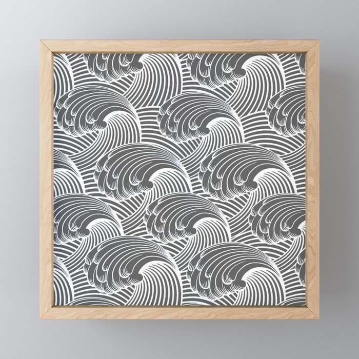 Vintage Japanese Waves, Gray / Grey and White Framed Mini Art Print