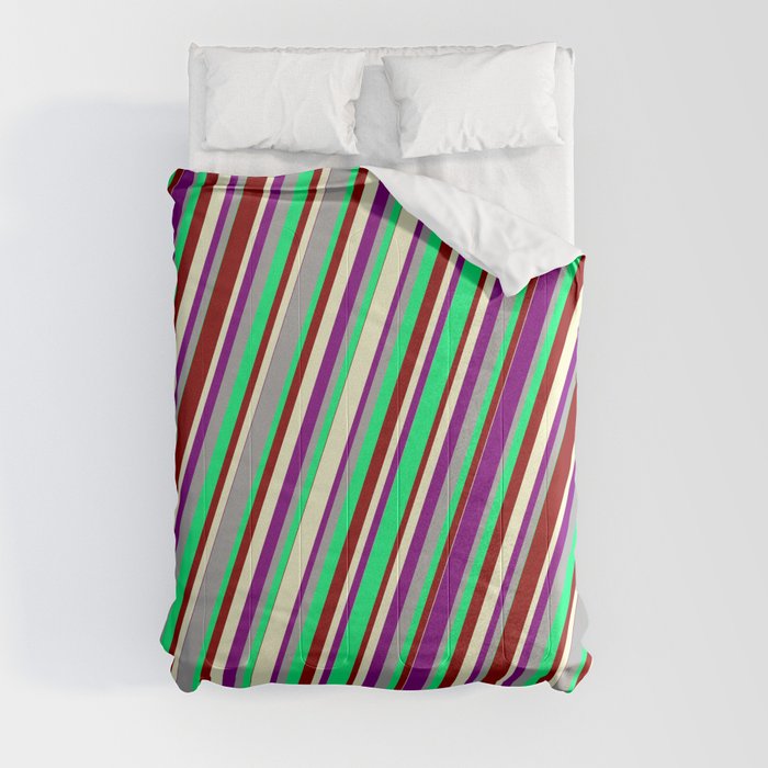 Colorful Dark Gray, Green, Dark Red, Light Yellow, and Purple Colored Lined/Striped Pattern Comforter