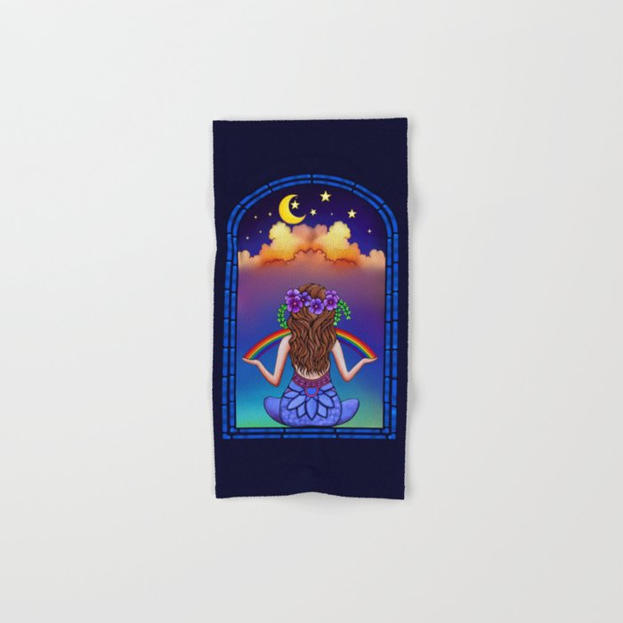 Midnight Window Crescent Moon Meditation - colorful print metaphysical Spiritual art Hand & Bath Towel