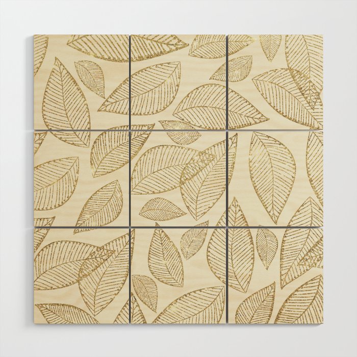 Abstract ivory gold glitter foliage leaf pattern Wood Wall Art